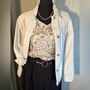 REFUGE Oversized Distressed White Cotton Denim Jean Jacket